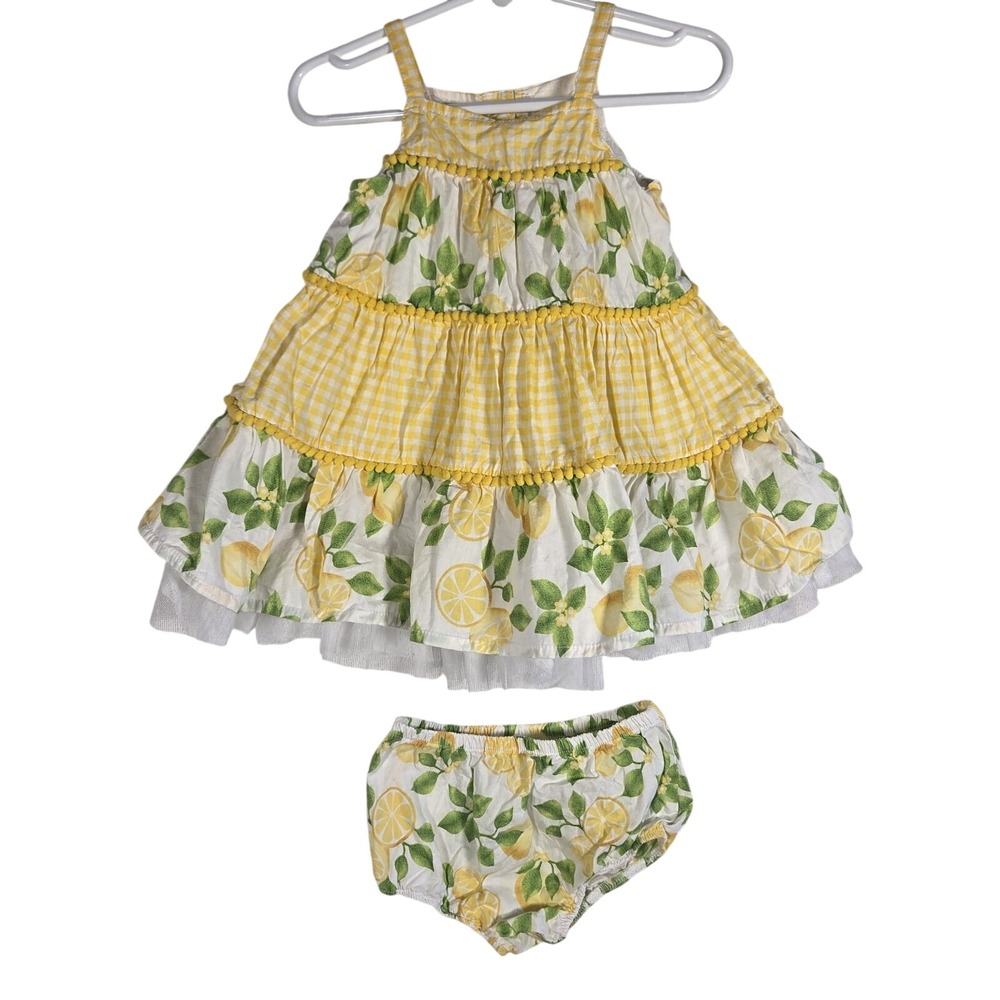 Little Me Lemon Gingham Dress Set Baby Girl 12M Yellow Fruit Print Pom Pom Tulle